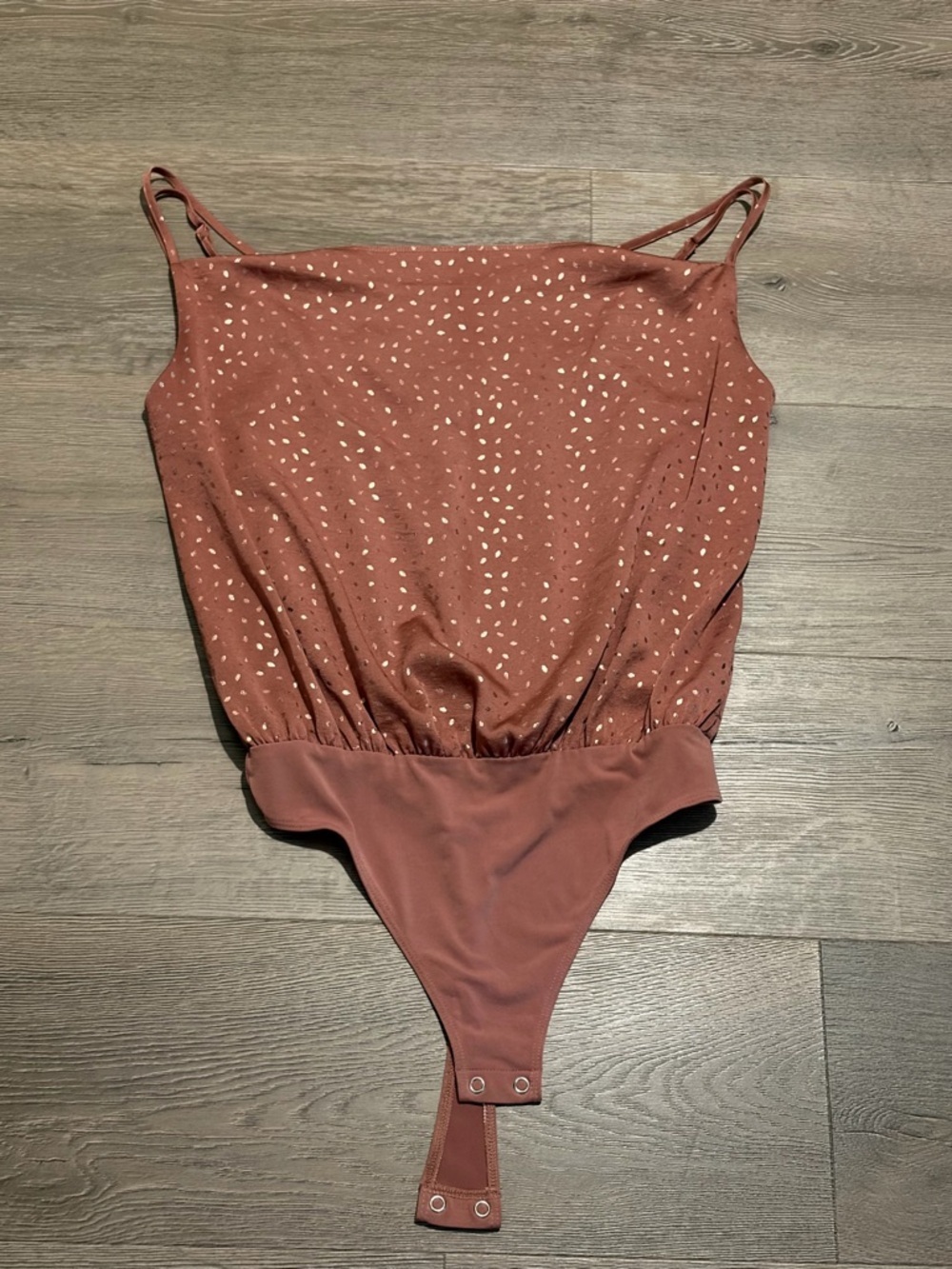 Express womensRust Dot-Print One-Piece Bodysuit with White Speckles
